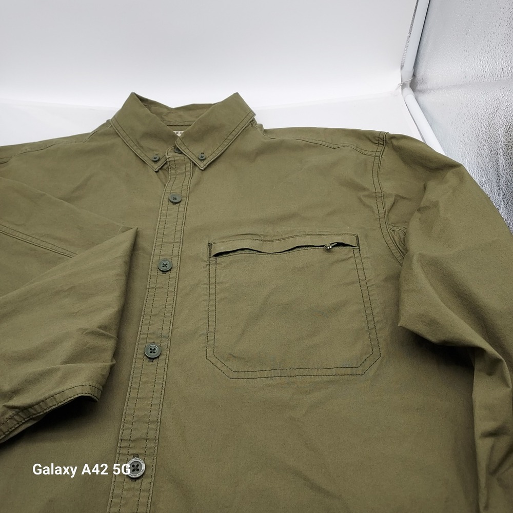 Duluth Trading Co Mens Olive Green Organic‎ Cotton Stretch Roll Tab Shirt Large